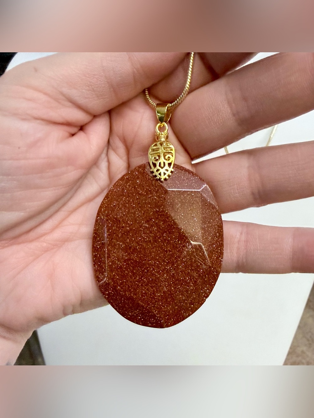 Hand crafted Goldstone Pendant Necklace Sparkling Statement Jewelry - Picture 2 of 4